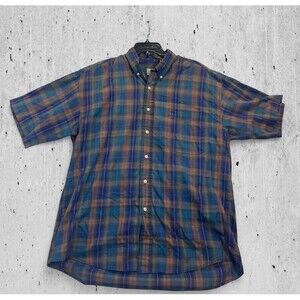Men's Green Plaid Haggar Clothing Button Up Shirt Size Large Short Sleeves